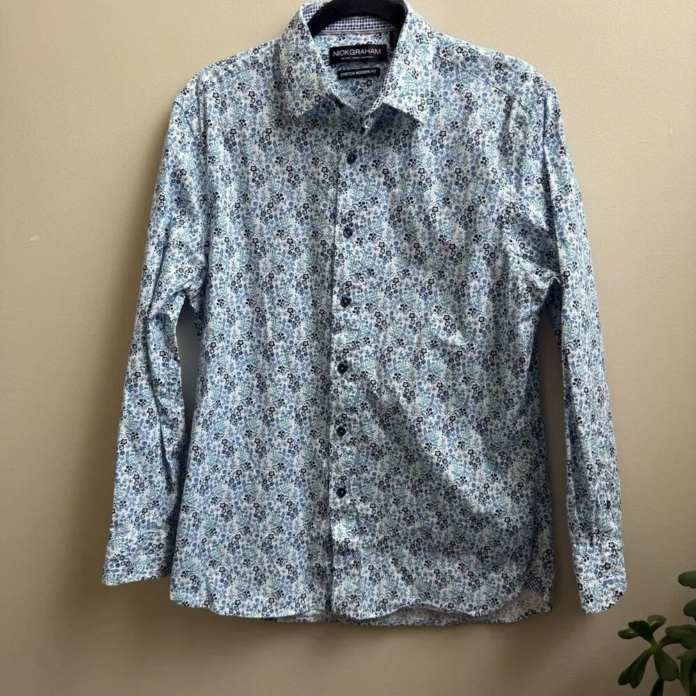 Nick Graham Everywhere Men's Stretch Modern Fit Floral Button Up Shirt Size M